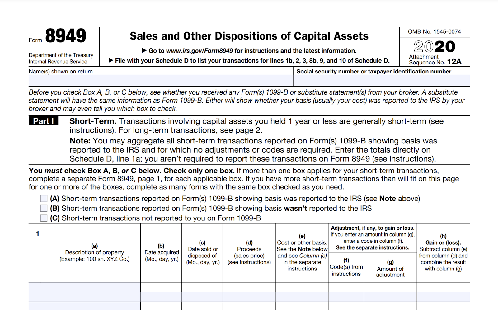 Screenshot of IRS Form 8949 for Sales and Other Dispositions of Capital Assets