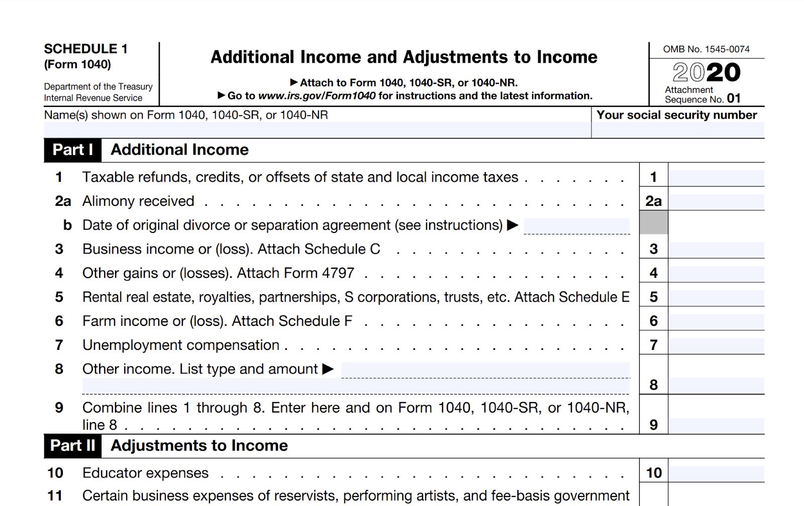 Screenshot of IRS Form 1040 Schedule 1 for Additional Income and Adjustments to Income