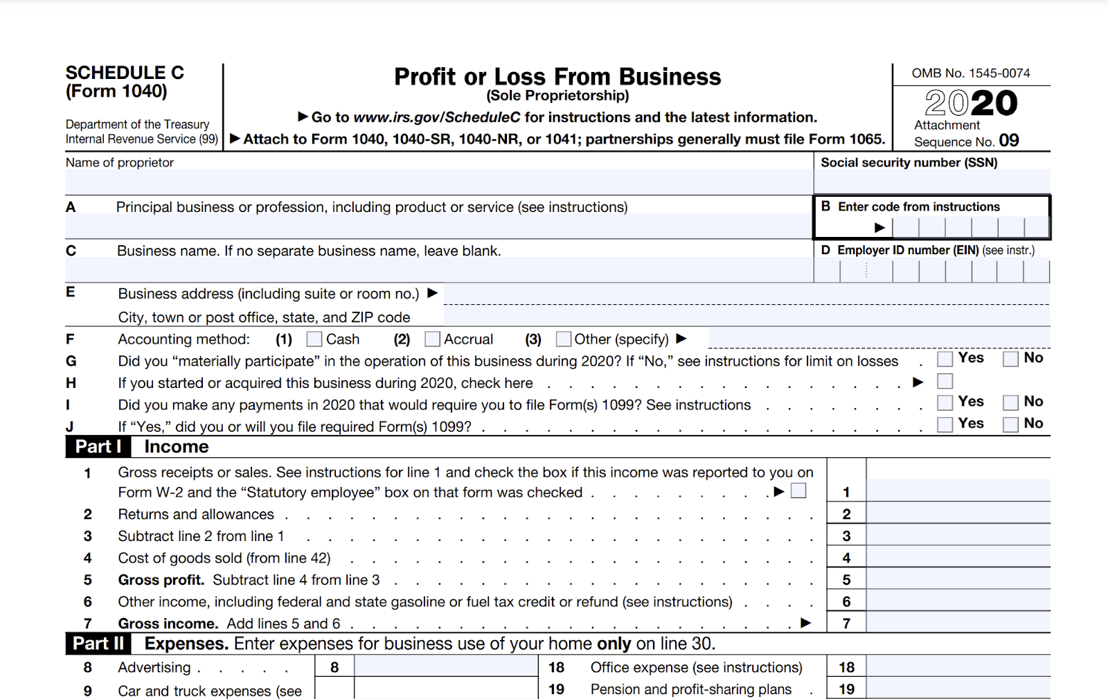Screenshot of IRS Form 1040 Schedule C for Profit or Loss From Business