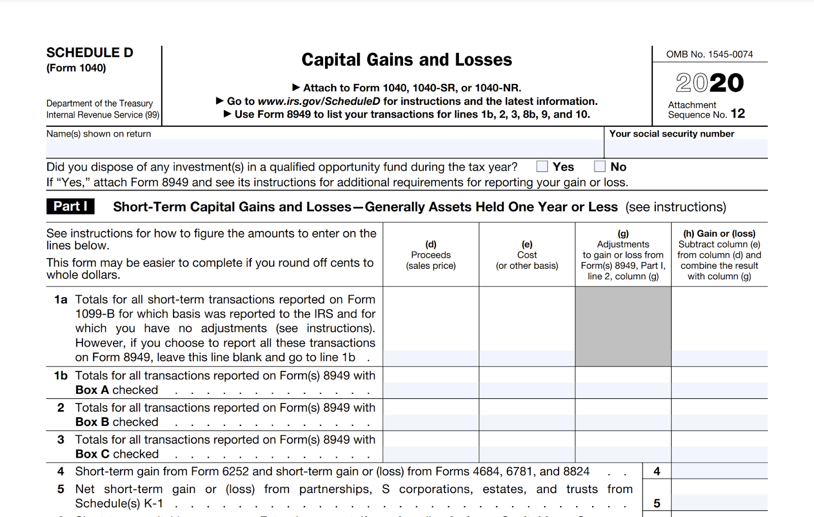 Screenshot of IRS Form 1040 Schedule D for Capital Gains and Losses