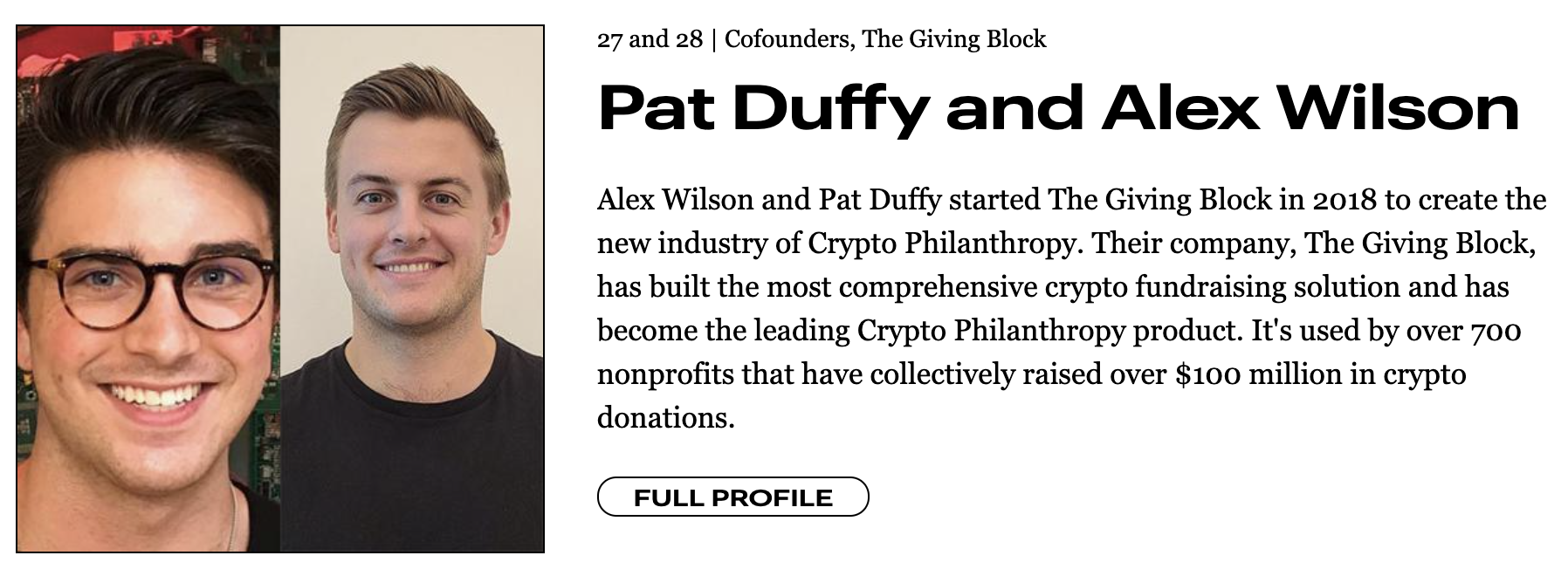 Screenshot of Forbes 30 Under 30 Profile of Pat Duffy and Alex Wilson
