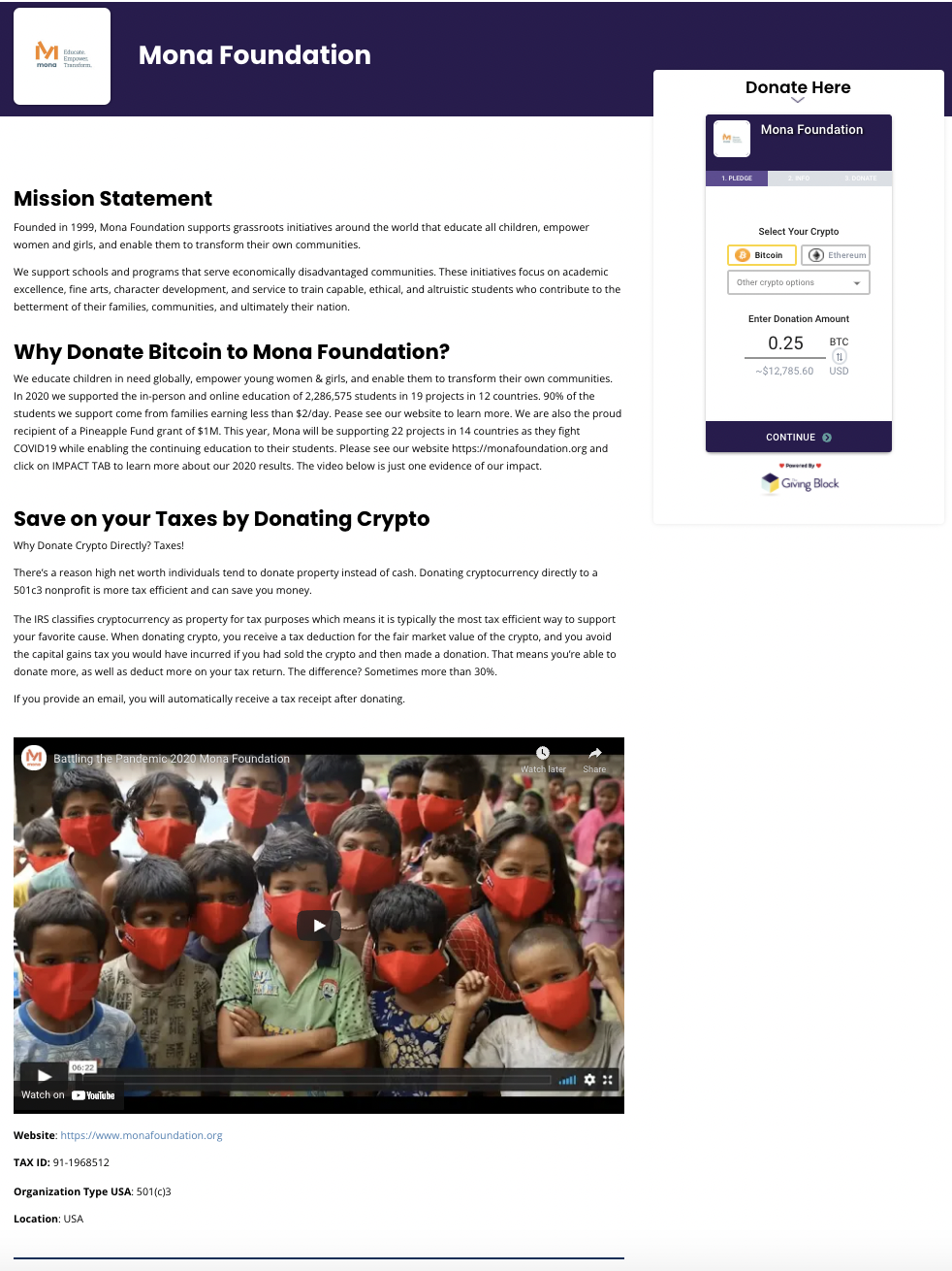Screenshot of Mona Foundation's Crypto Crowdfunding Page on The Giving Block