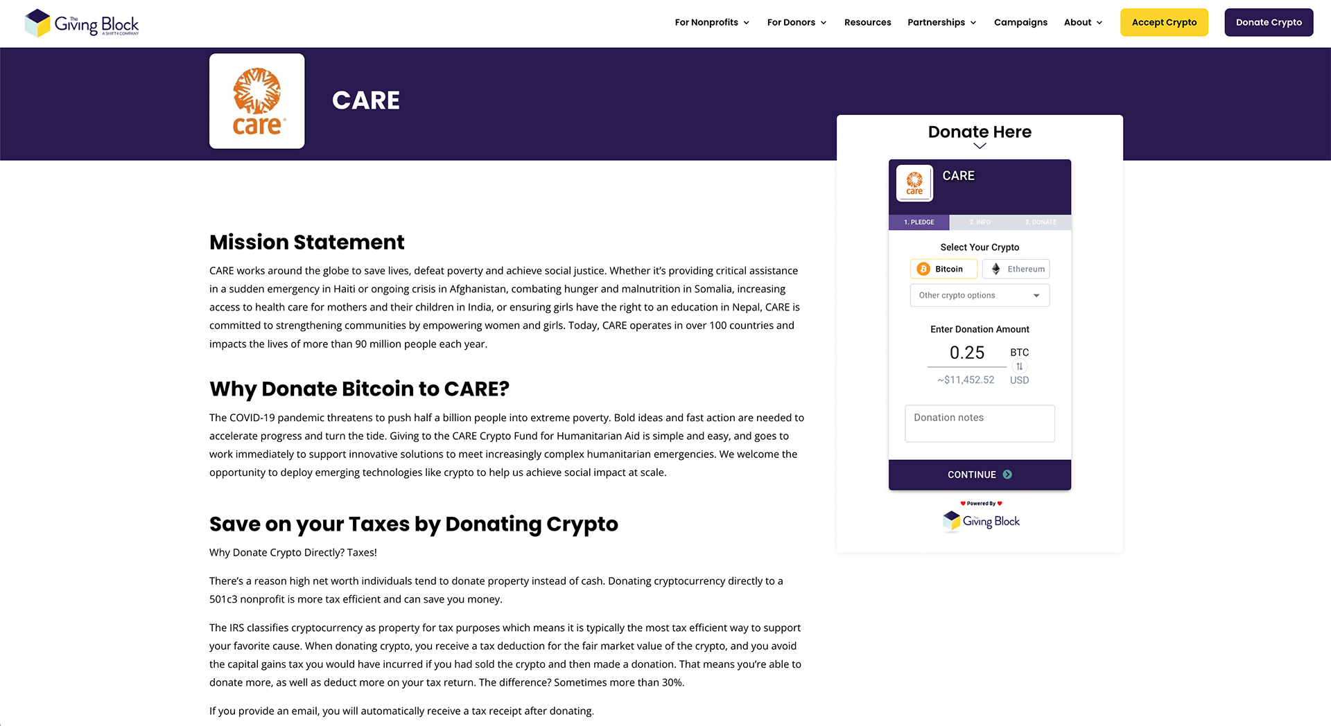 Care Screenshot | The Giving Block