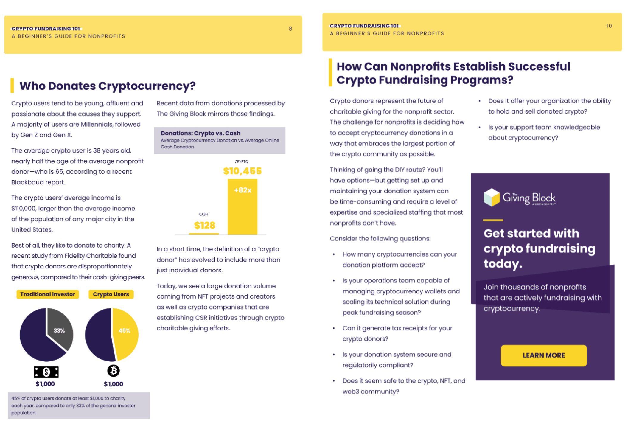 Sample images from Crypto Fundraising 101 guide for nonprofits prepared by The Giving Block