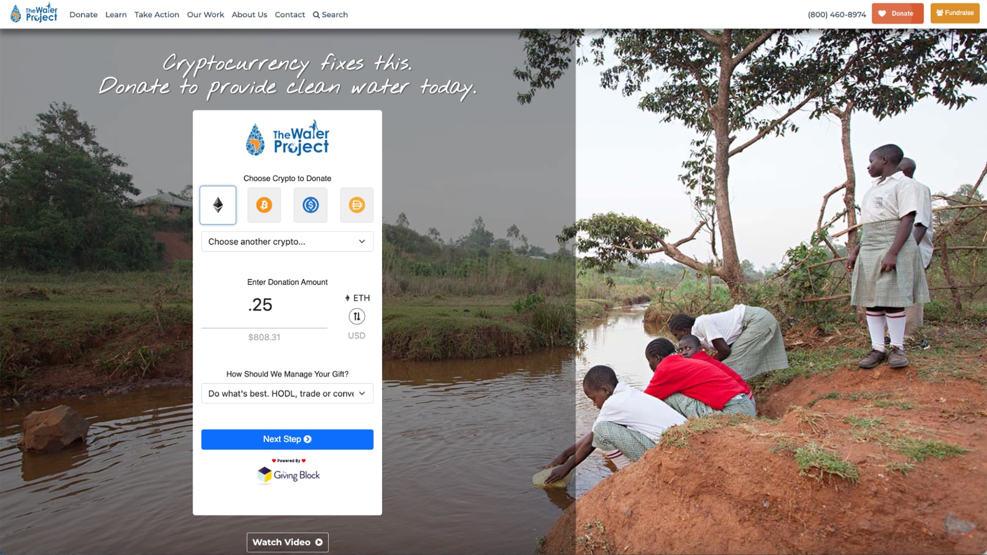 The Water Project’s crypto giving form is paired with an image that is evocative of its mission