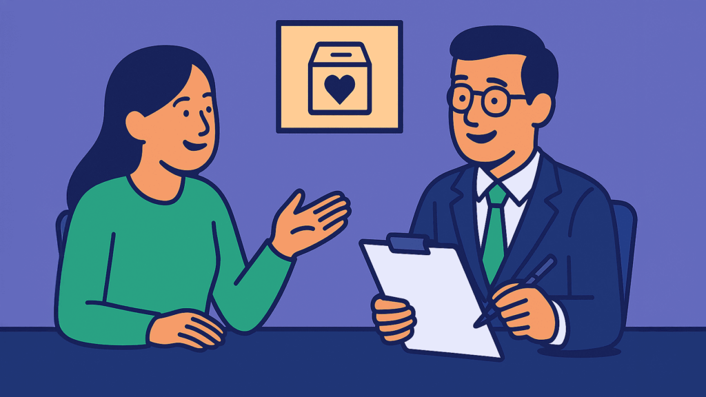 Illustration of a donor meeting with a financial advisor to discuss giving strategies through a Donor-Advised Fund