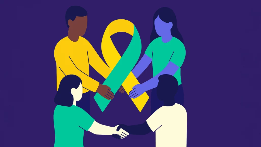 Illustration of people joining hands around a suicide prevention awareness ribbon.
