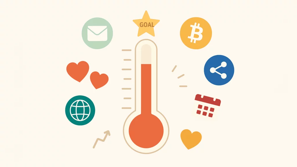 A festive thermometer rising toward a giving goal, surrounded by icons for crypto, email, social media, and donor hearts.