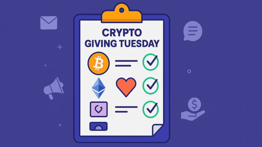 Crypto Giving Tuesday checklist illustration with donation icons.
