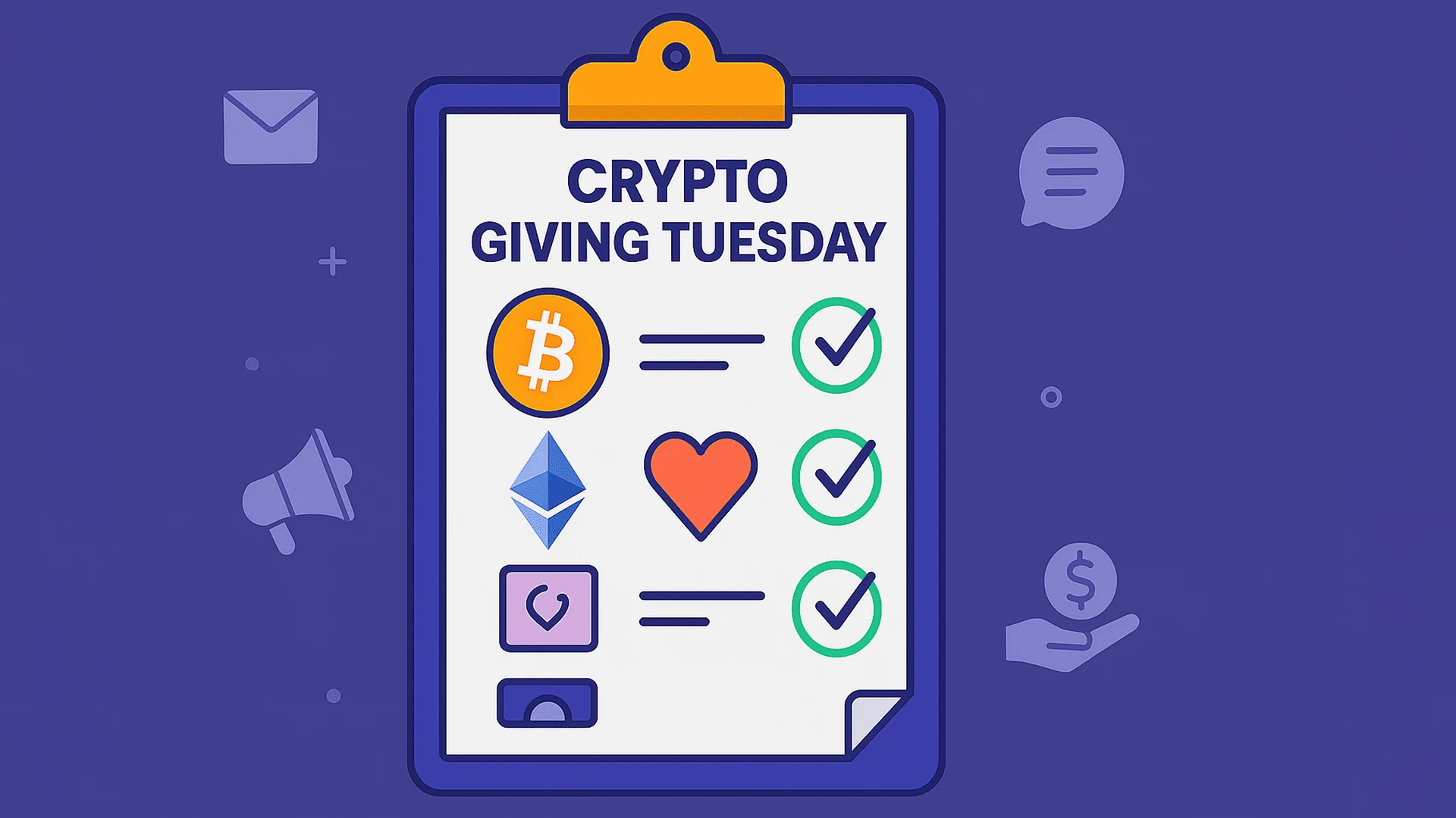 Crypto Giving Tuesday checklist illustration with donation icons.
