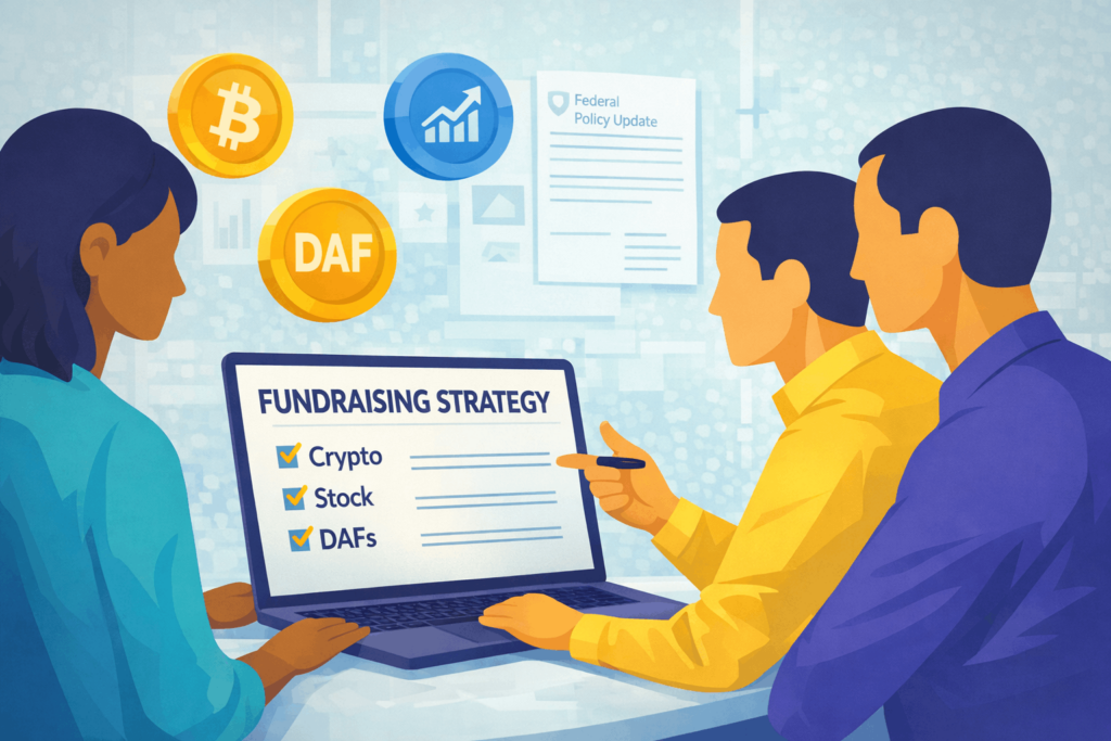 Nonprofit team reviewing fundraising strategy in response to federal policy changes, with icons representing crypto, stock, and donor-advised fund giving.
